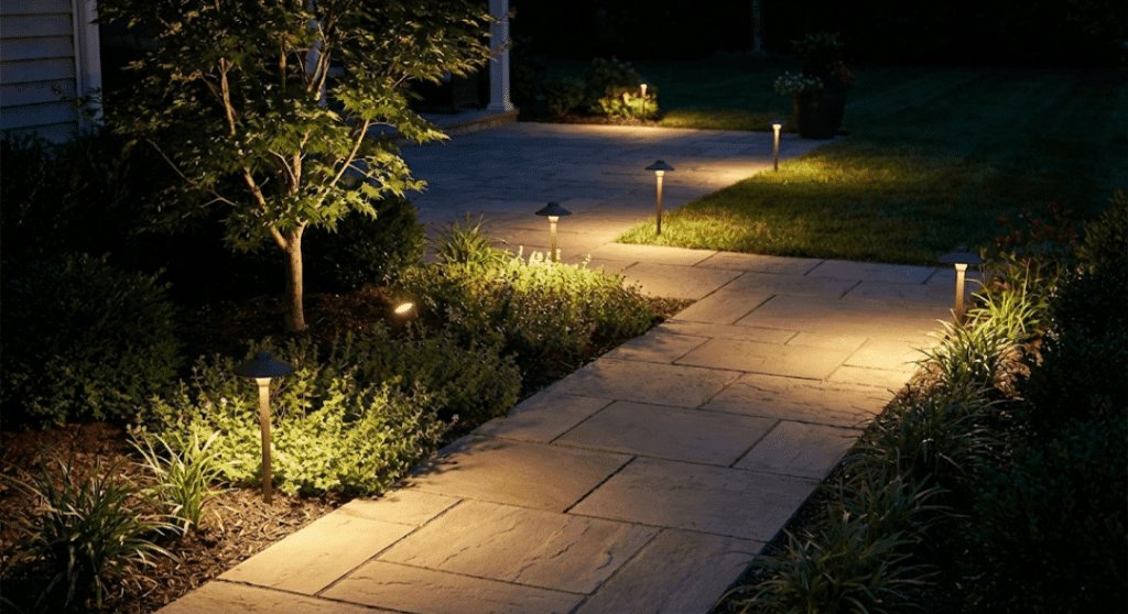 Path lights illuminating a stone walkway and garden beds at night